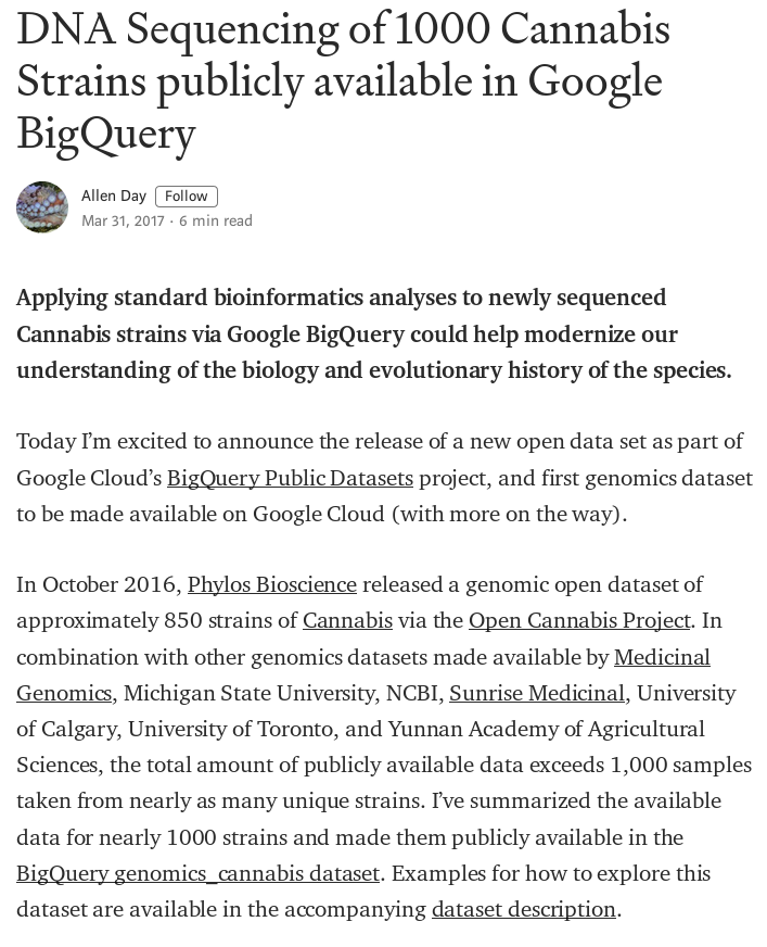 1000 Cannabis project public data announcement, Medium.com.