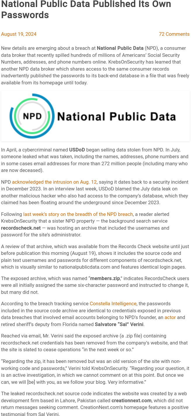 National Public Data, a background check service, published their own master database passwds.