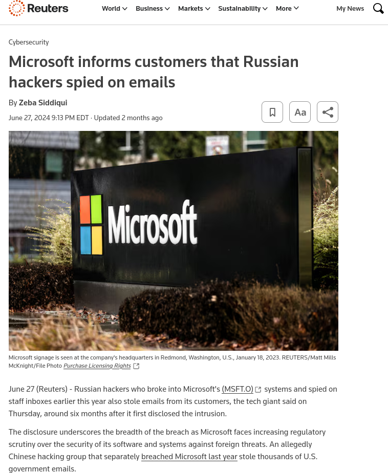 Russian group, Midnight Blizzard, accessed by Microsoft corporate as well as customer email in the first half of 2024.