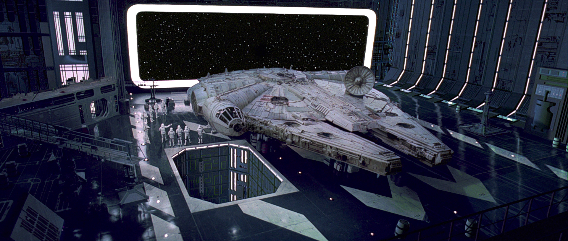 Millenium Falcon docked in hangar bay 327 of the Death Star.